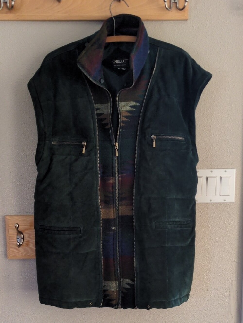 Pelle Dark Green Suede Puffer Jacket with Patterned Wool Sleeves - Picture 6 of 9